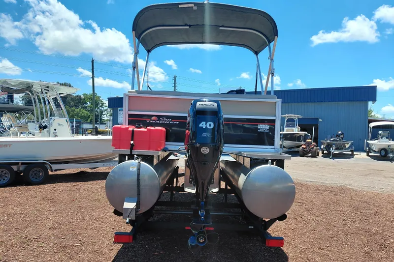 Slide: The Image of 2019 Sun Tracker Bass Buggy 16 DLX pontoon boat with Mercury 40 HP engine, outdoor display. - 6