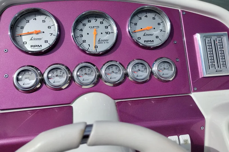 Slide: The Image of Dashboard of a 2006 Formula 353 FASTech boat with Livorsi gauges and purple accents. - 37