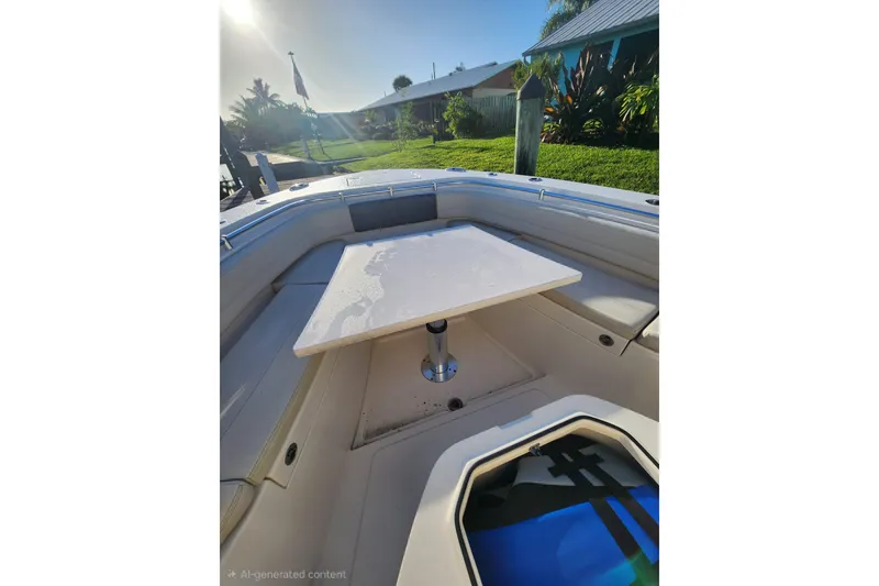 Slide: The Image of 2020 Cobia 350 Center Console boat with sunlit seating and table. - 5