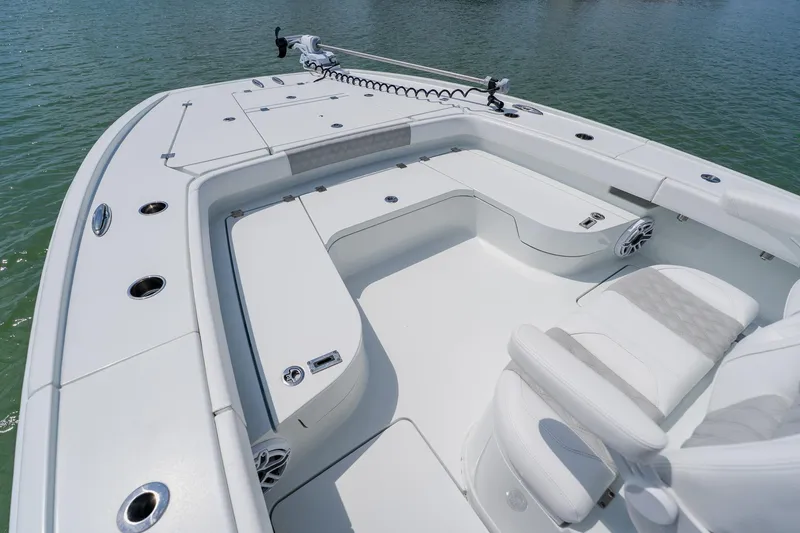Slide: The Image of Freeman 28 boat interior, 2023 model, featuring spacious seating and modern design on the water. - 13