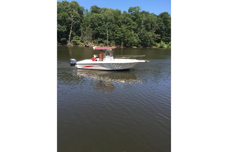 The Image of 1999 Hydra-Sports 230 CC boat cruising on a calm river with lush green trees. - 0