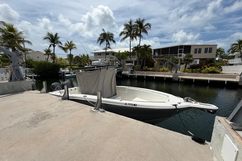 Slide: The Image of 2004 Triton 2895 CC boat docked by palm trees under a partly cloudy sky. - 3