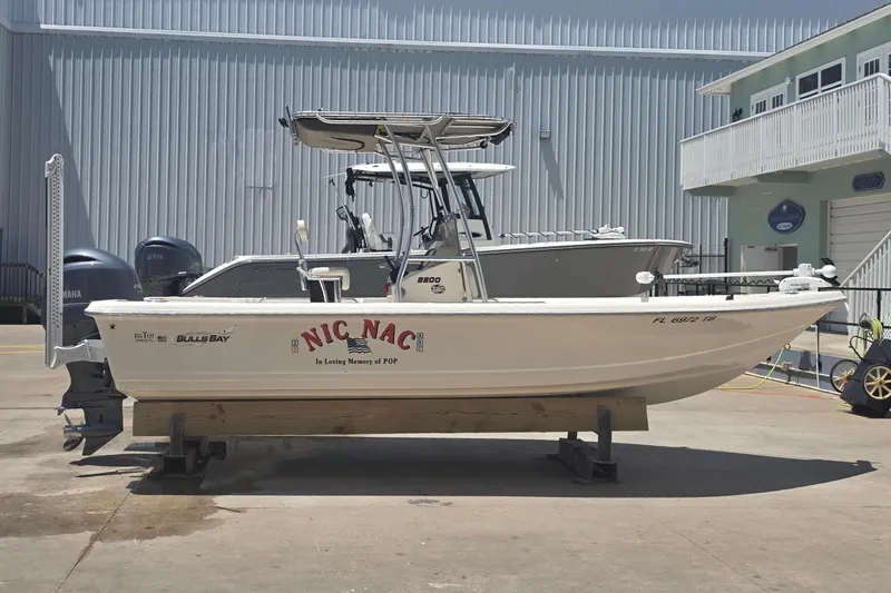 Slide: The Image of 2021 Bulls Bay 2200 boat on a trailer, parked near industrial buildings. - 8