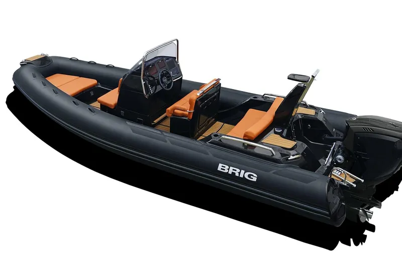Slide: The Image of 2026 Brig Eagle 6.7 inflatable boat with sleek design and orange seating. - 12