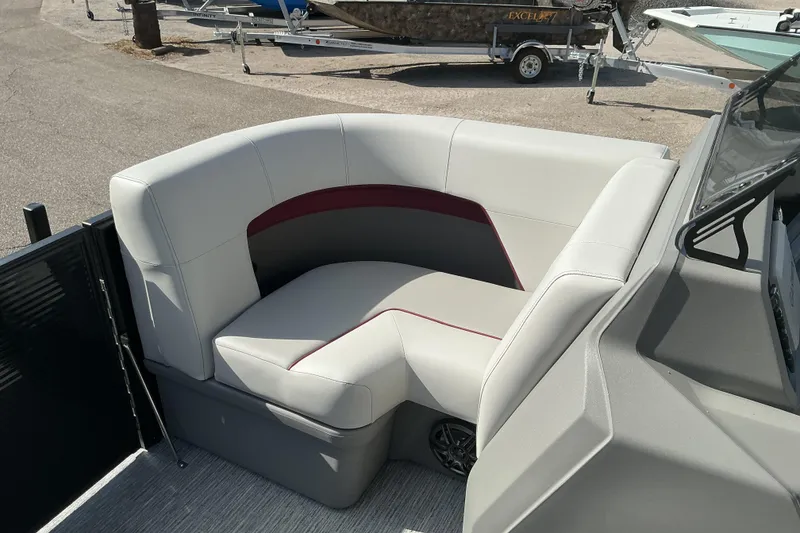 Slide: The Image of Luxurious seating on 2025 Qwest E-Class RLS 16 pontoon boat, featuring modern design and comfort. - 8
