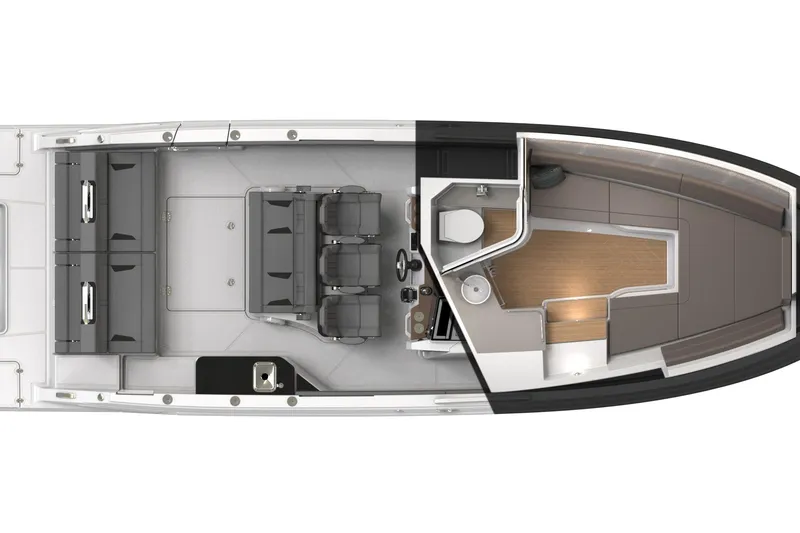 Slide: The Image of Top view of a 2027 Monterey boat interior layout with seating and cabin area. - 11