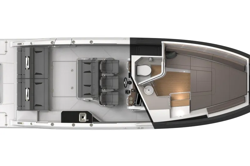 Slide: The Image of Top view of a 2027 Monterey boat interior layout, featuring seating, helm, and cabin amenities. - 12