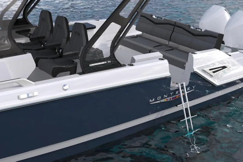 Slide: The Image of 2027 Monterey boat with sleek design, spacious seating, and swim ladder on calm water. - 5