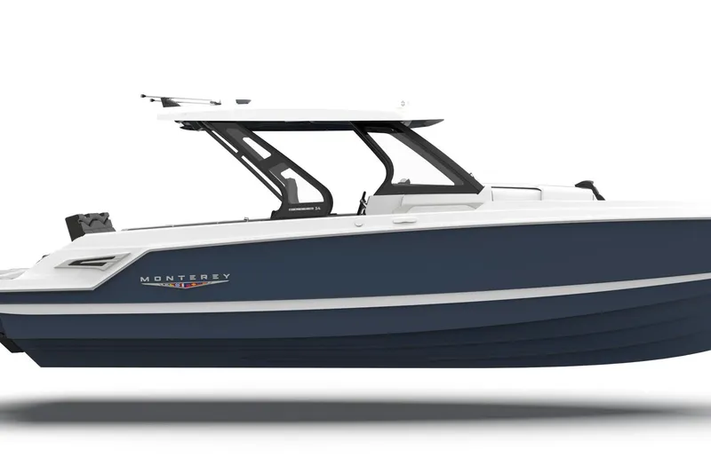 Slide: The Image of 2027 Monterey boat, sleek design, blue and white color scheme, side view. - 8