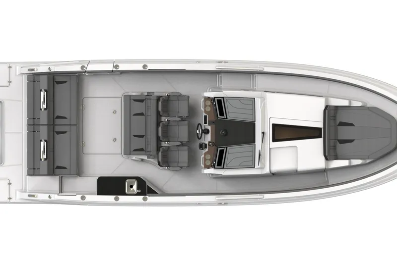 Slide: The Image of Top view of a 2027 Monterey boat interior layout with seating and helm. - 9