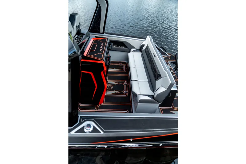 Slide: The Image of Futuristic AMP 333 boat interior with sleek seating and modern design, 2026 model. - 6