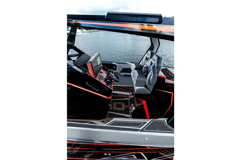 Slide: The Image of Futuristic AMP 333 boat interior with sleek design and advanced dashboard, 2026 model. - 9
