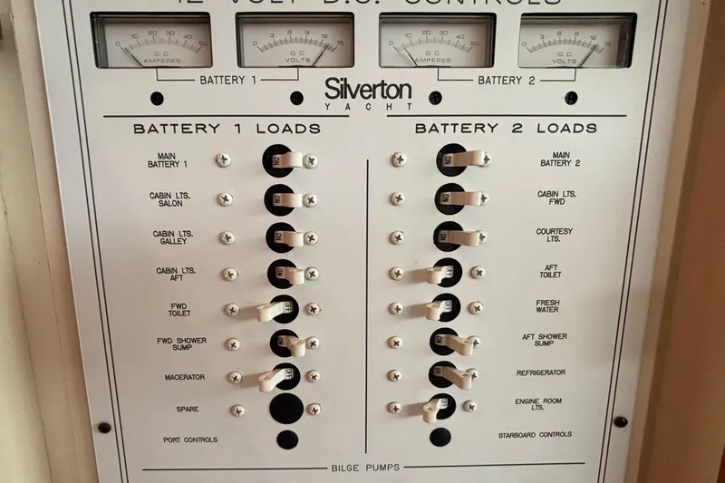 Slide: The Image of Control panel of a 2000 Silverton 422 Motor Yacht showing battery load switches. - 52