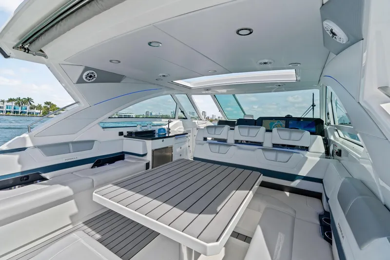 Slide: The Image of 2025 Formula 400 Super Sport Crossover luxury yacht interior with sleek seating and modern amenities. - 20