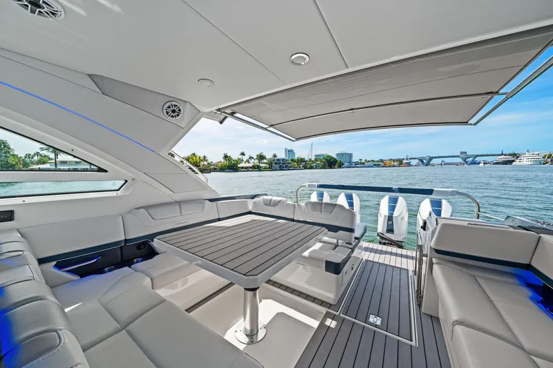 Slide: The Image of Luxurious 2025 Formula 400 Super Sport Crossover yacht interior with waterfront view. - 21