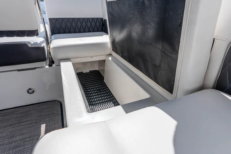Slide: The Image of Interior seating area of 2022 Monterey 378SS Super Sport boat, featuring sleek design. - 27