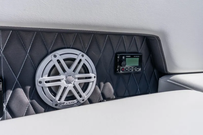 Slide: The Image of 2022 Monterey 378SS Super Sport boat interior with JL Audio speaker and Fusion stereo system. - 30