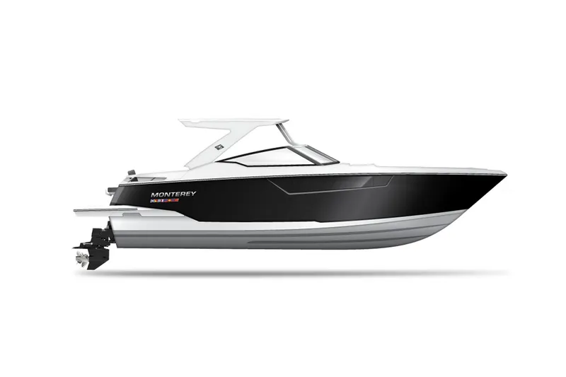 Slide: The Image of Manufacturer Provided Image: 2022 Monterey 378SS Super Sport boat, sleek black and white design, side view. - 36