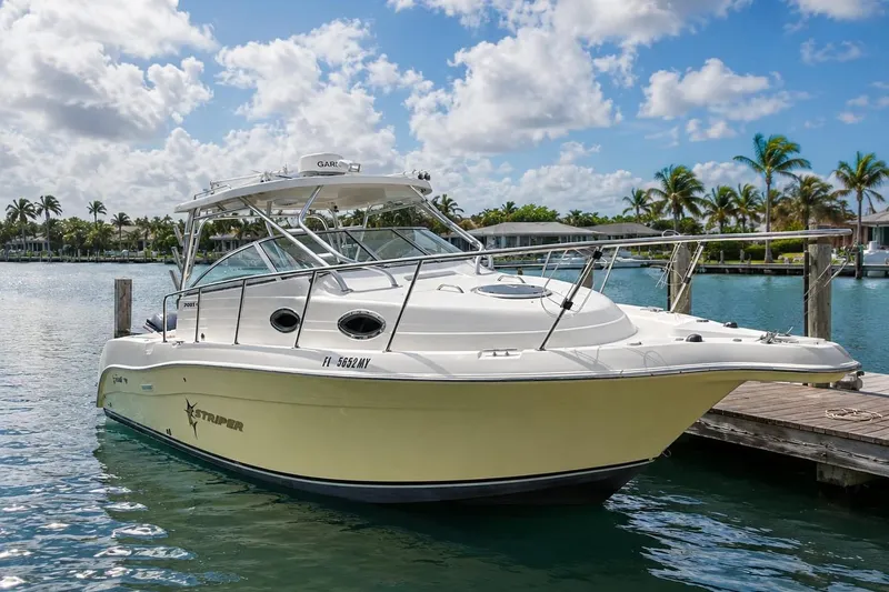 The Image of 2005 Seaswirl Striper 2901 Walkaround O/B docked by palm trees and clear water. - 0