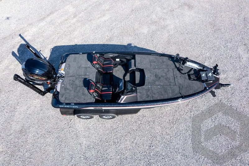 Slide: The Image of 2026 Skeeter ZXE20 boat, aerial view, showcasing sleek design and dual seating. - 65