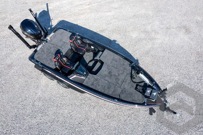 Slide: The Image of 2026 Skeeter ZXE20 fishing boat, aerial view, featuring dual seats and sleek design. - 66