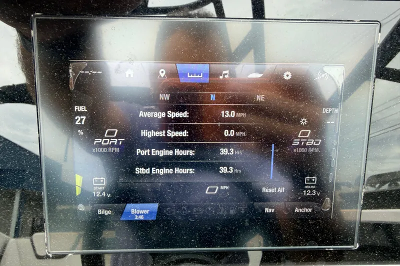 Slide: The Image of Dashboard display of a 2023 Yamaha Boats AR250 showing speed, fuel, and engine hours. - 17