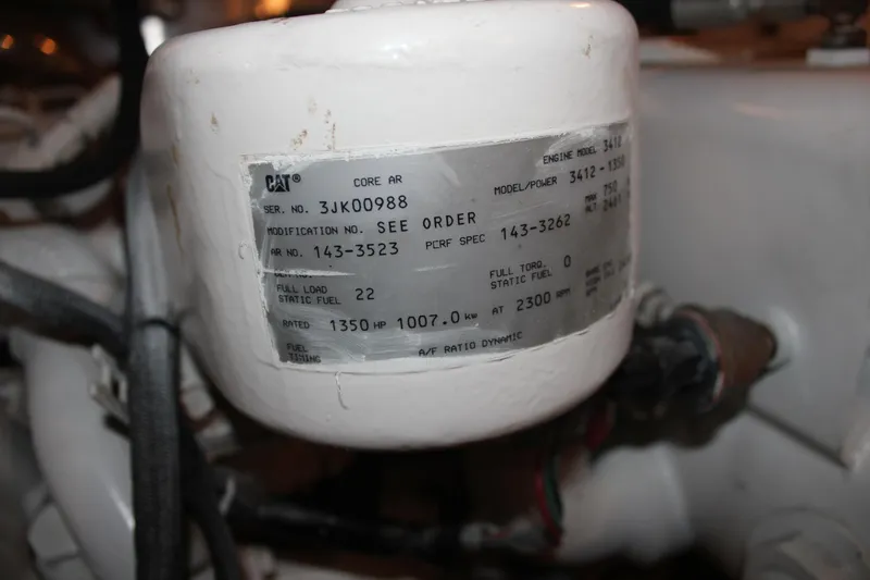 Slide: The Image of Engine label on 1999 Horizon 70 Motor Yacht, showing specifications and serial number. - 24