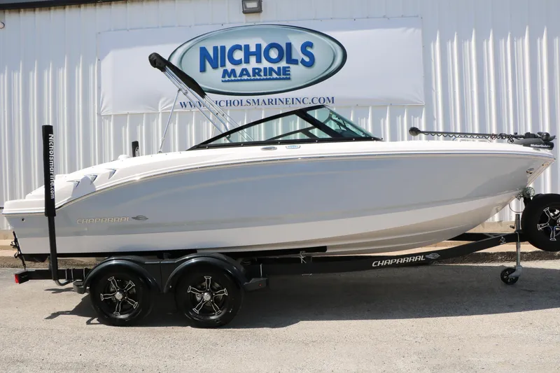 Slide: The Image of 2025 Chaparral 21 SSi Ski & Fish boat on trailer at Nichols Marine. - 2