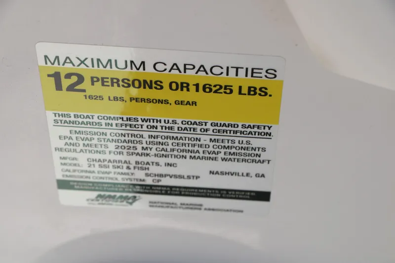 Slide: The Image of Capacity label on 2025 Chaparral 21 SSi Ski & Fish boat, max 12 persons or 1625 lbs. - 37