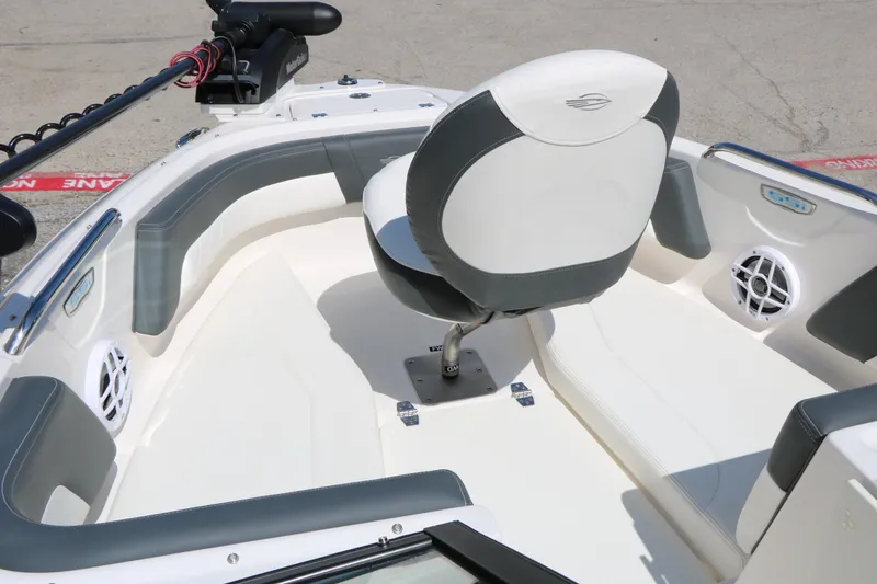 Slide: The Image of 2025 Chaparral 21 SSi Ski & Fish boat interior with seating and speakers. - 42