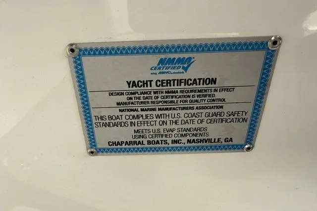 Slide: The Image of 2019 Chaparral 277 SSX yacht certification plaque, NMMA certified, U.S. Coast Guard compliant. - 11