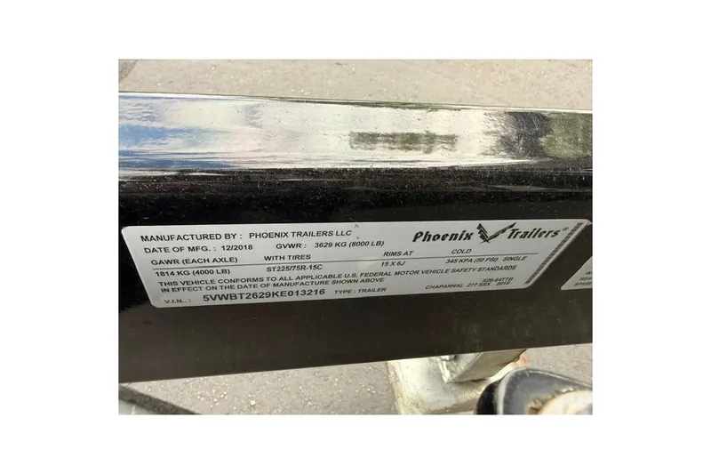 Slide: The Image of Label on Phoenix Trailers LLC, 2019 Chaparral 277 SSX, showing specifications and compliance details. - 44