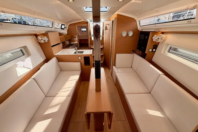 Slide: The Image of Interior of 2025 Jeanneau Sun Odyssey 350 yacht, featuring modern design and comfortable seating. - 86