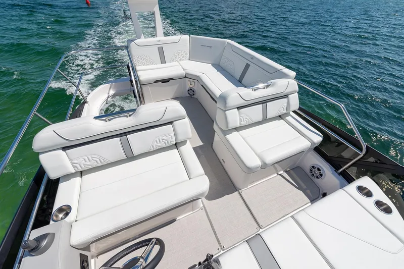 Slide: The Image of Manufacturer Provided Image: Luxurious 2026 Regal 38 Fly yacht with spacious white seating on open water. - 6