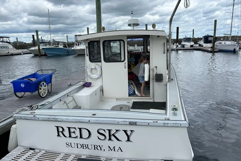 Slide: The Image of 1988 Duffy 31 Lobster Boat "Red Sky" docked in marina, Sudbury, MA. - 5