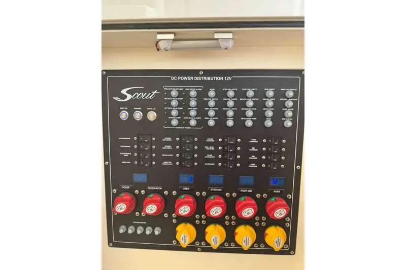 Slide: The Image of Control panel of 2025 Scout 425 LXF boat, featuring DC power distribution system. - 22