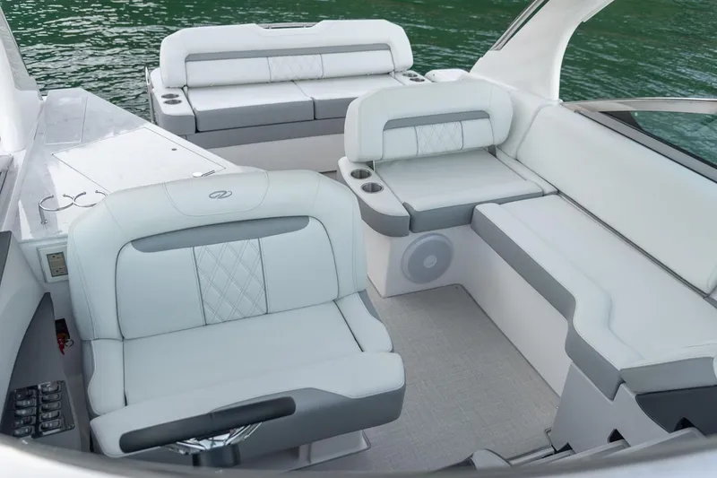 Slide: The Image of Manufacturer Provided Image: Luxurious interior of 2026 Regal 33 Express boat with elegant seating and modern design. - 6