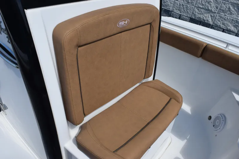 Slide: The Image of 2022 Sea Hunt Gamefish 27 Forward Seating with tan cushioned seat detail. - 12