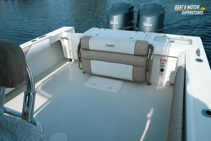 Slide: The Image of 2015 Parker 2801 Center Console boat interior with twin Yamaha 300 engines. - 28