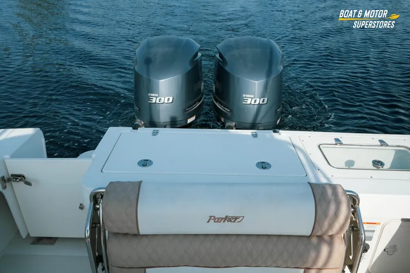 Slide: The Image of 2015 Parker 2801 Center Console boat with twin Yamaha 300 engines on water. - 29