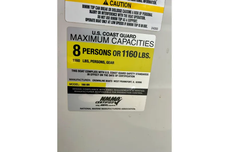 Slide: The Image of 2007 Crownline 180 BR capacity label, U.S. Coast Guard certified for 8 persons or 1160 lbs. - 35