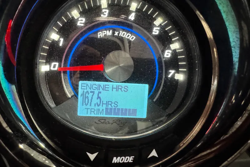 Slide: The Image of Close-up of 2018 Sea Ray SDX 270 tachometer displaying 167.5 engine hours. - 16