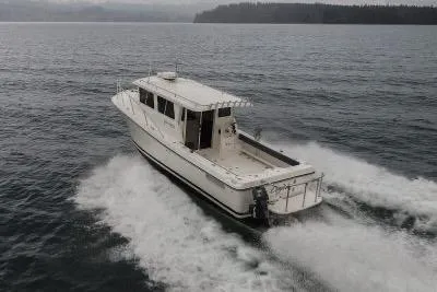 Slide: The Image of 2018 Ocean Sport 33 Roamer cruising on open water, showcasing sleek design and performance. - 4