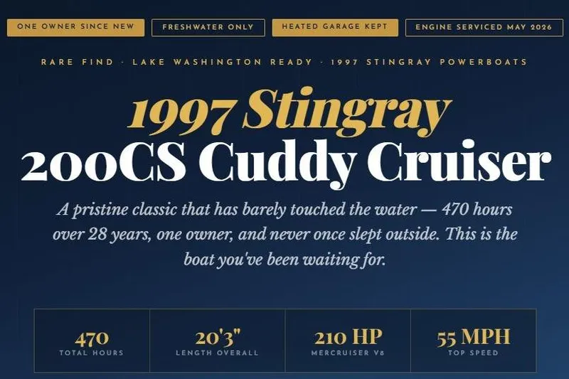 Slide: The Image of 1997 Stingray 200 CS Cuddy Cruiser, pristine condition, 470 hours, 210 HP, 55 MPH top speed. - 2