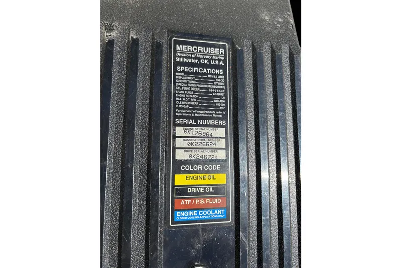 Slide: The Image of MerCruiser engine specifications label on a 1997 Stingray 200 CS boat. - 25