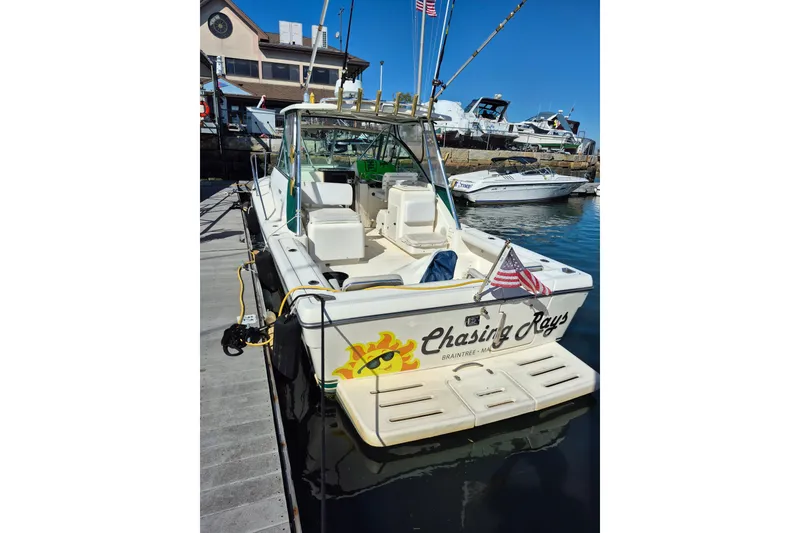 Slide: The Image of 2002 Pursuit 3000 Express boat docked, featuring "Chasing Rays" name and American flag. - 4