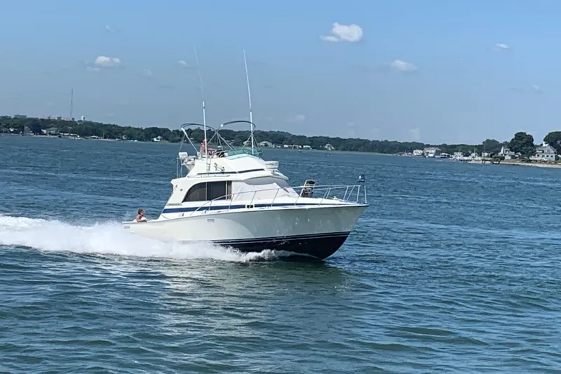 Slide: The Image of 1985 Bertram 33 Flybridge Cruiser speeding on open water under clear skies. - 3