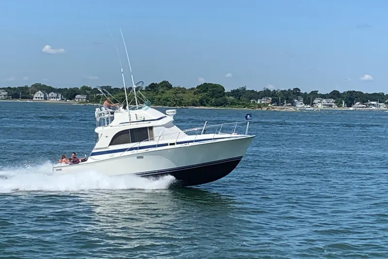 Slide: The Image of 1985 Bertram 33 Flybridge Cruiser speeding on open water near coastal homes. - 8