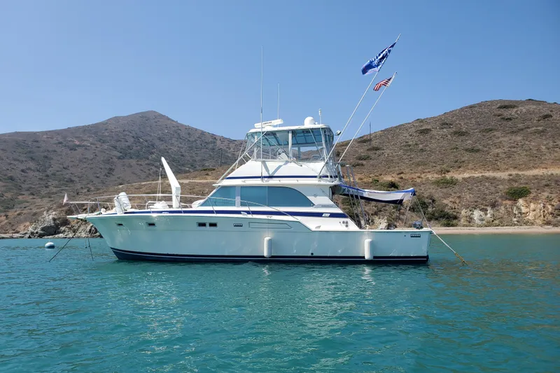 The Image of 1978 Bertram 46.6 yacht anchored in clear blue water near a rocky coastline. - 1