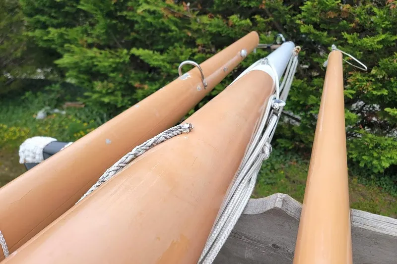 Slide: The Image of Masts and rigging of a 1974 Marshall 22 Catboat against greenery. - 10